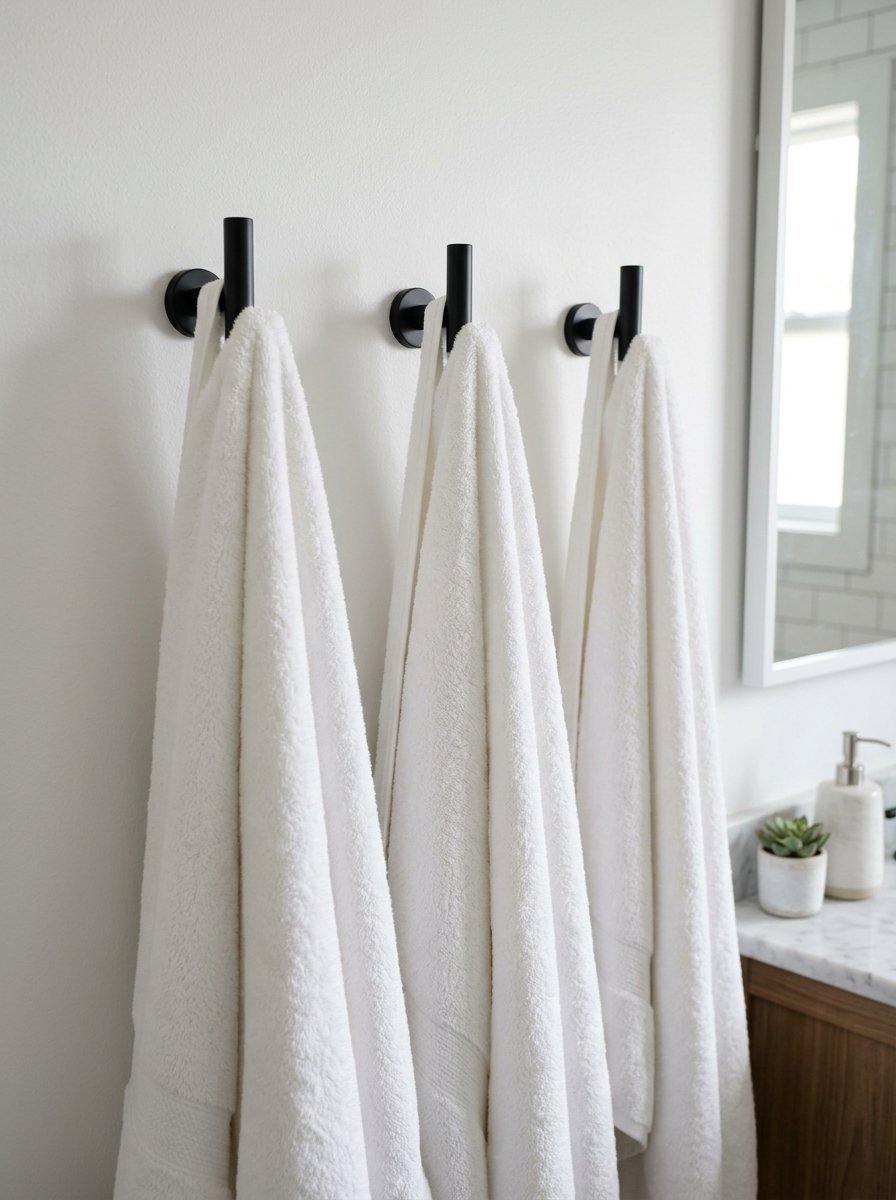 Close-up of three plush white towels suspended from simple black wall-mounted hardware in a bright bathroom.