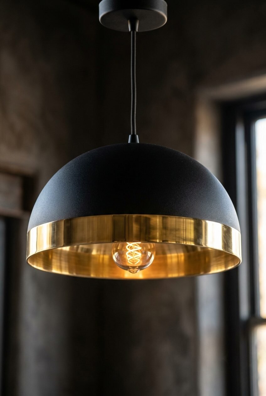 A black half-sphere hanging lamp with a gold-toned metallic rim and visible spiral filament light bulb.