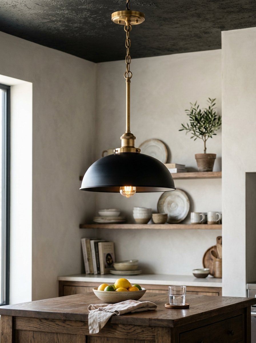 A black dome-shaped pendant light with brass hardware hanging above a wooden kitchen island with a bowl of lemons.