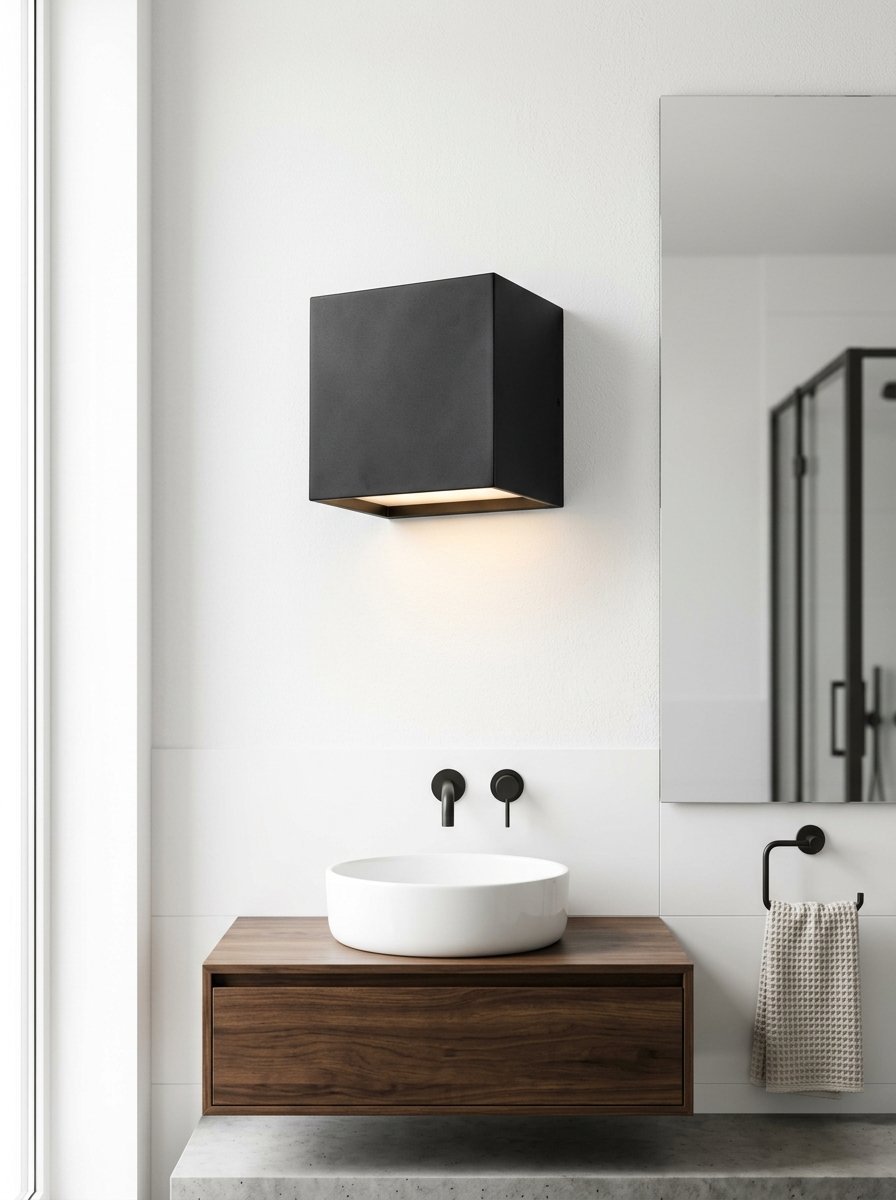 A black cube light fixture mounted on a white wall above a round white sink and wooden vanity.