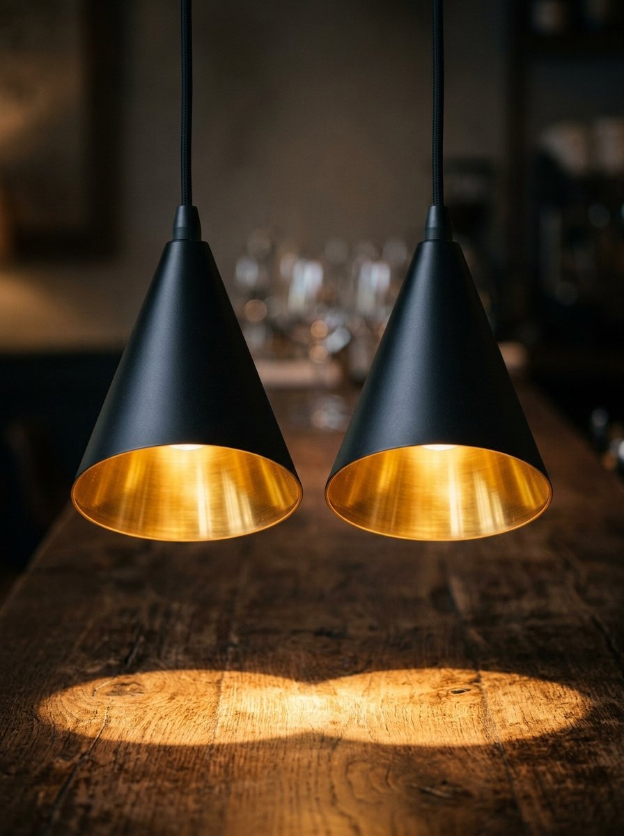 Close-up of two black conical hanging light fixtures with metallic gold interiors illuminating a rustic wood surface.