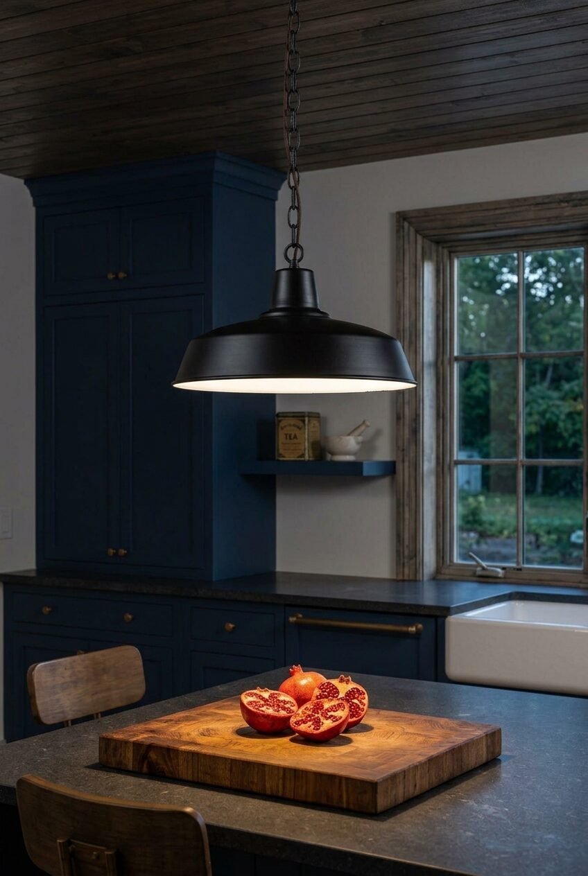 Close up of a metal dome light fixture illuminating a wooden cutting board with sliced pomegranates in a blue kitchen.