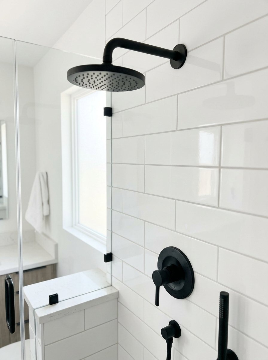 Round black rain shower head mounted on white subway tile wall
