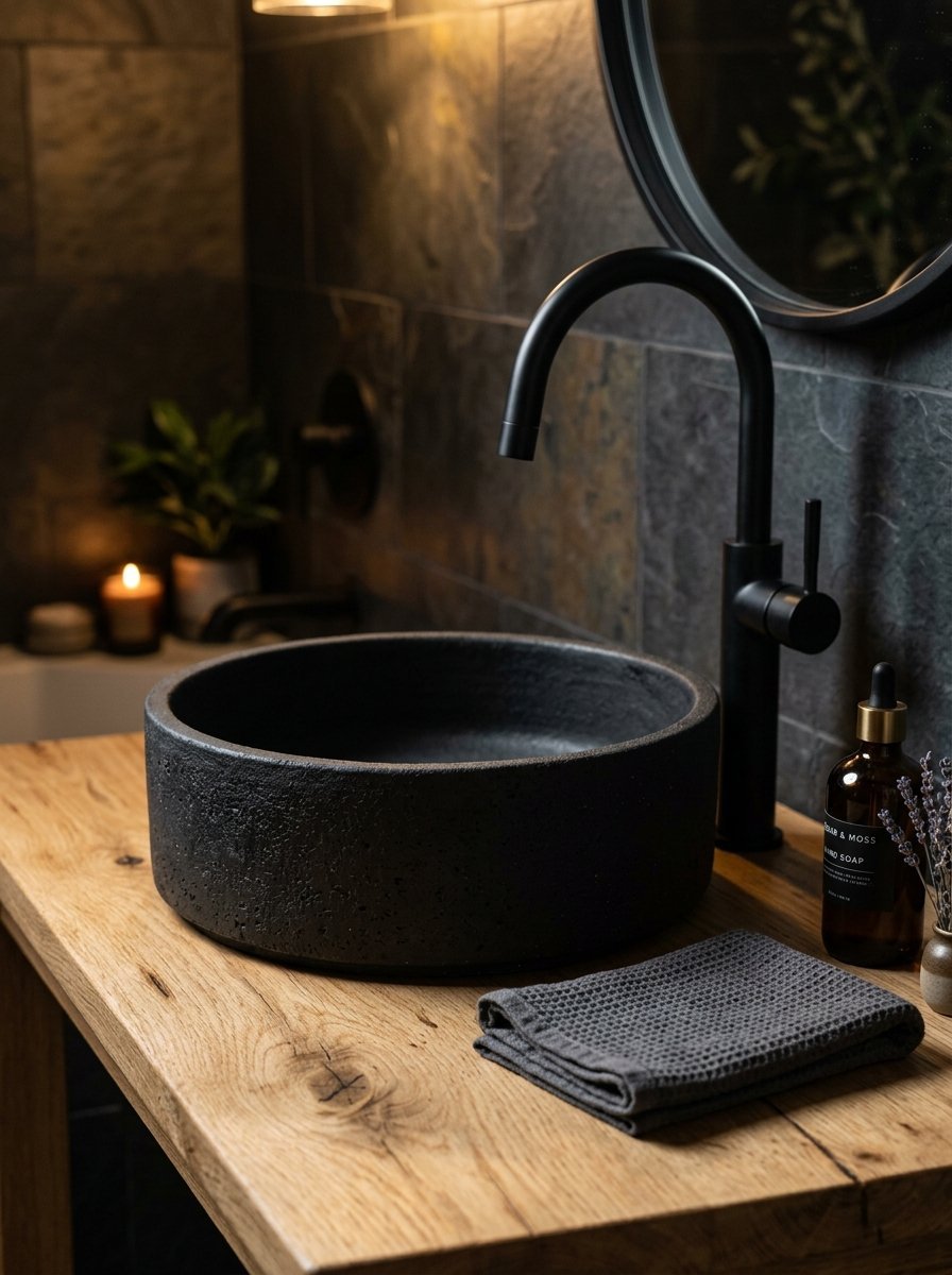 Round black stone sink with a tall matte faucet on a natural wood counter in a dark tiled bathroom.