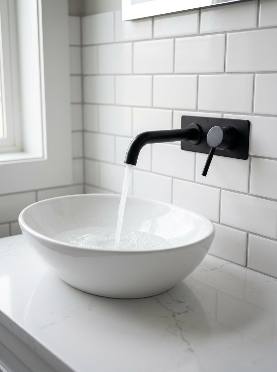 Modern bathroom sink with white basin and black wall faucet running water against a white subway tile backsplash.