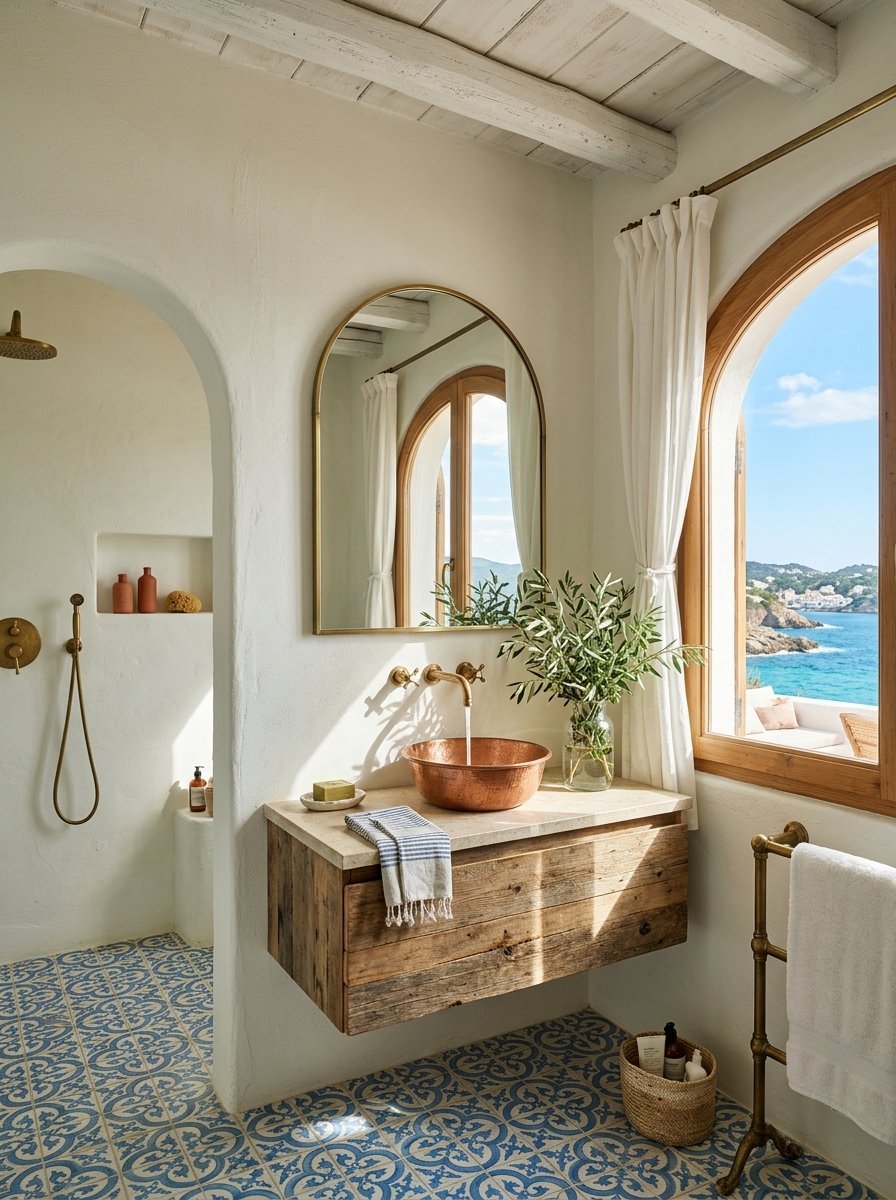 A sunlit Mediterranean bathroom featuring a floating reclaimed wood vanity, a copper sink, and a view of the sea.