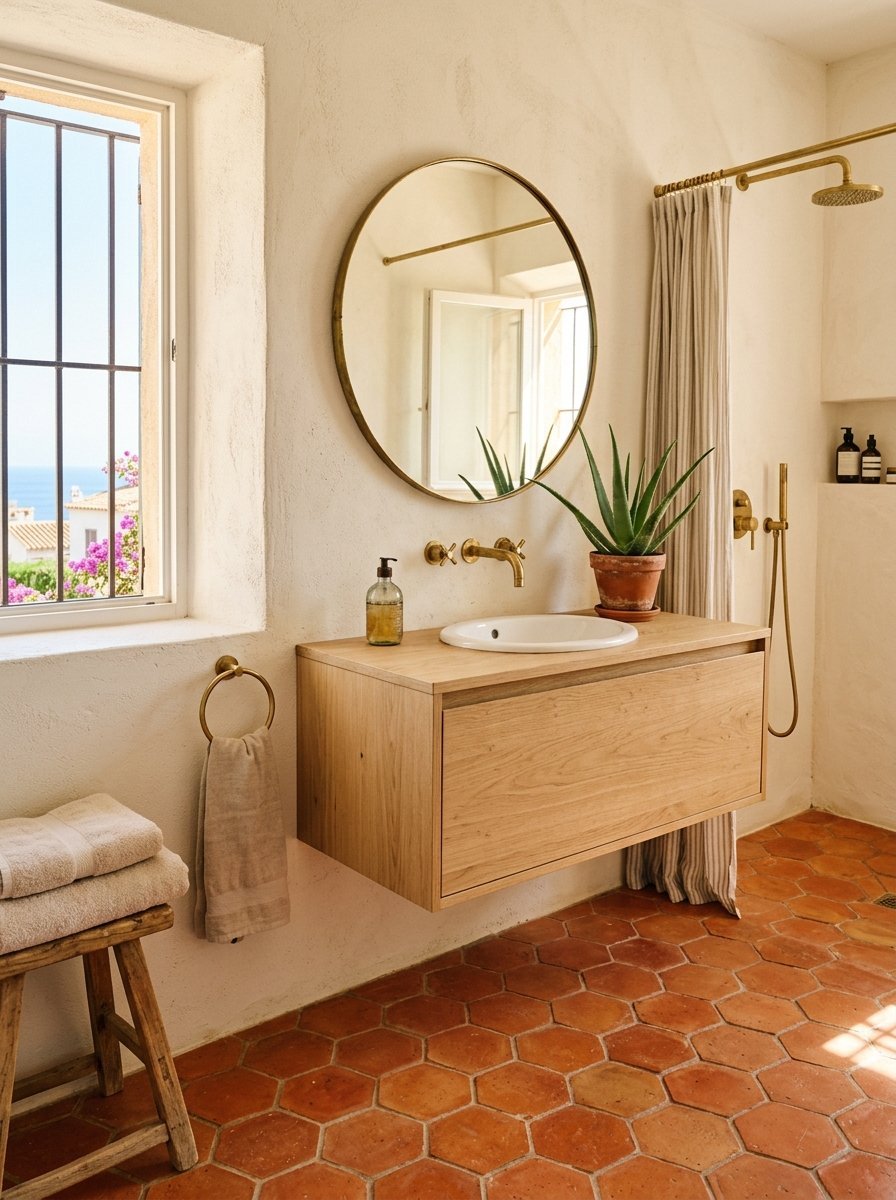 Modern wooden floating vanity with brass fixtures and an aloe plant in a sunlit Mediterranean-style bathroom.