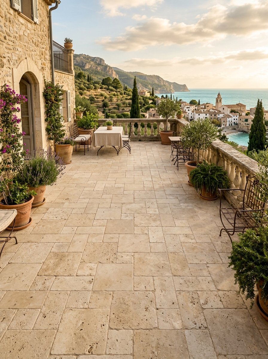 A tiled stone terrace featuring potted plants and iron furniture with a scenic view of a seaside town at golden hour.