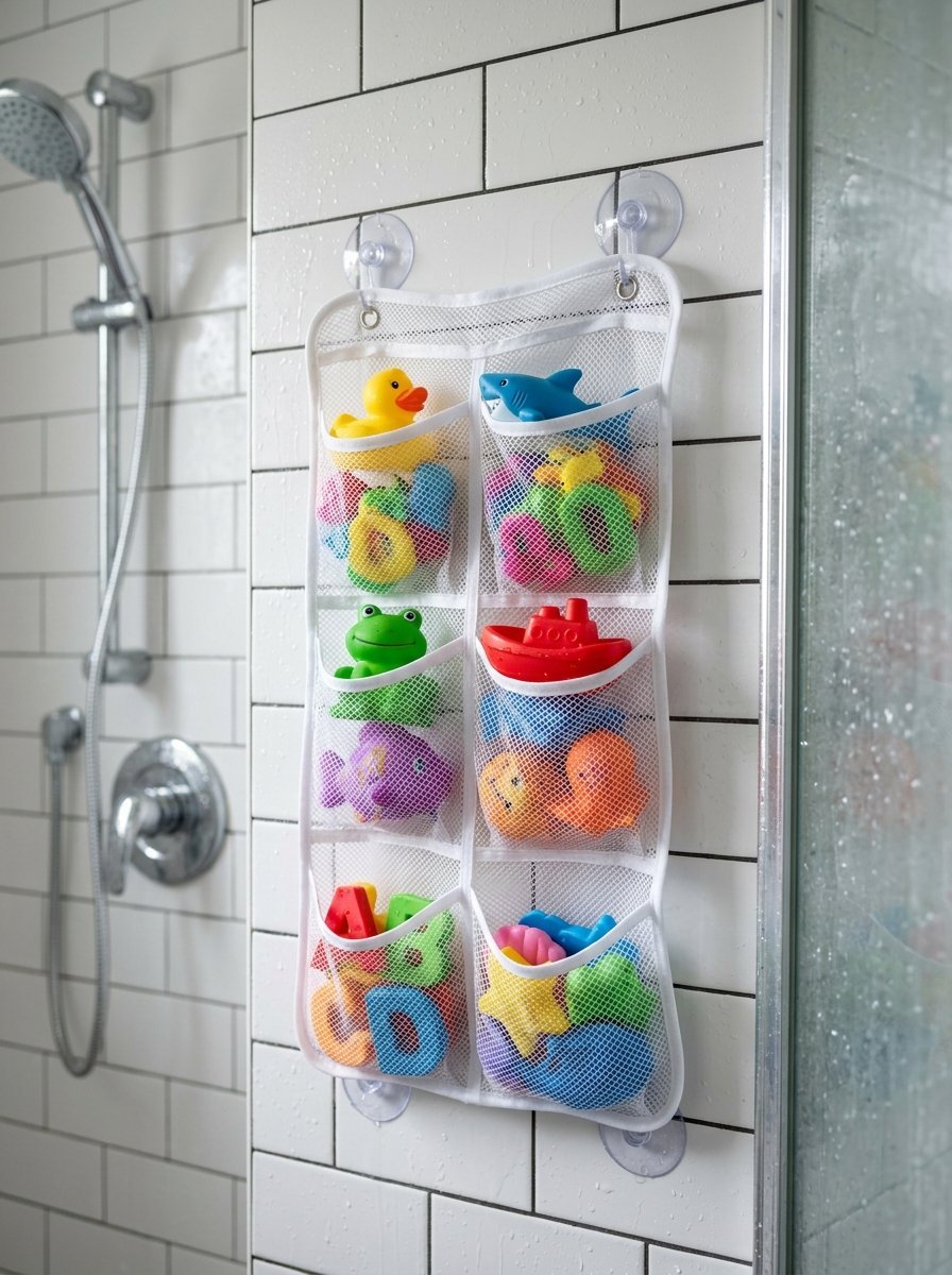 Suction cup mesh storage bag holding plastic animals and letter toys attached to white tiled shower wall.