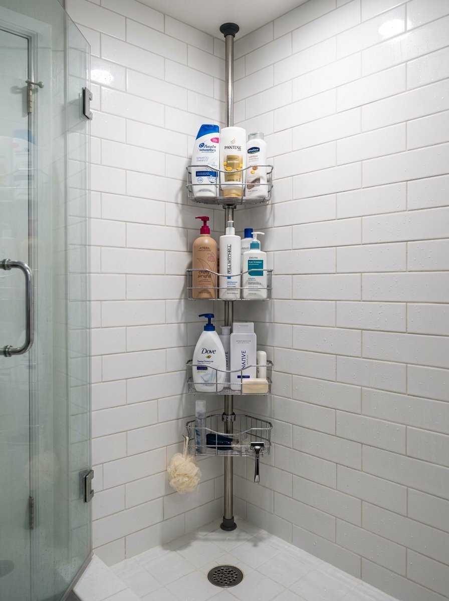 A wire corner shower caddy with multiple shelves holding shampoo, conditioner, and soap in a tiled stall.