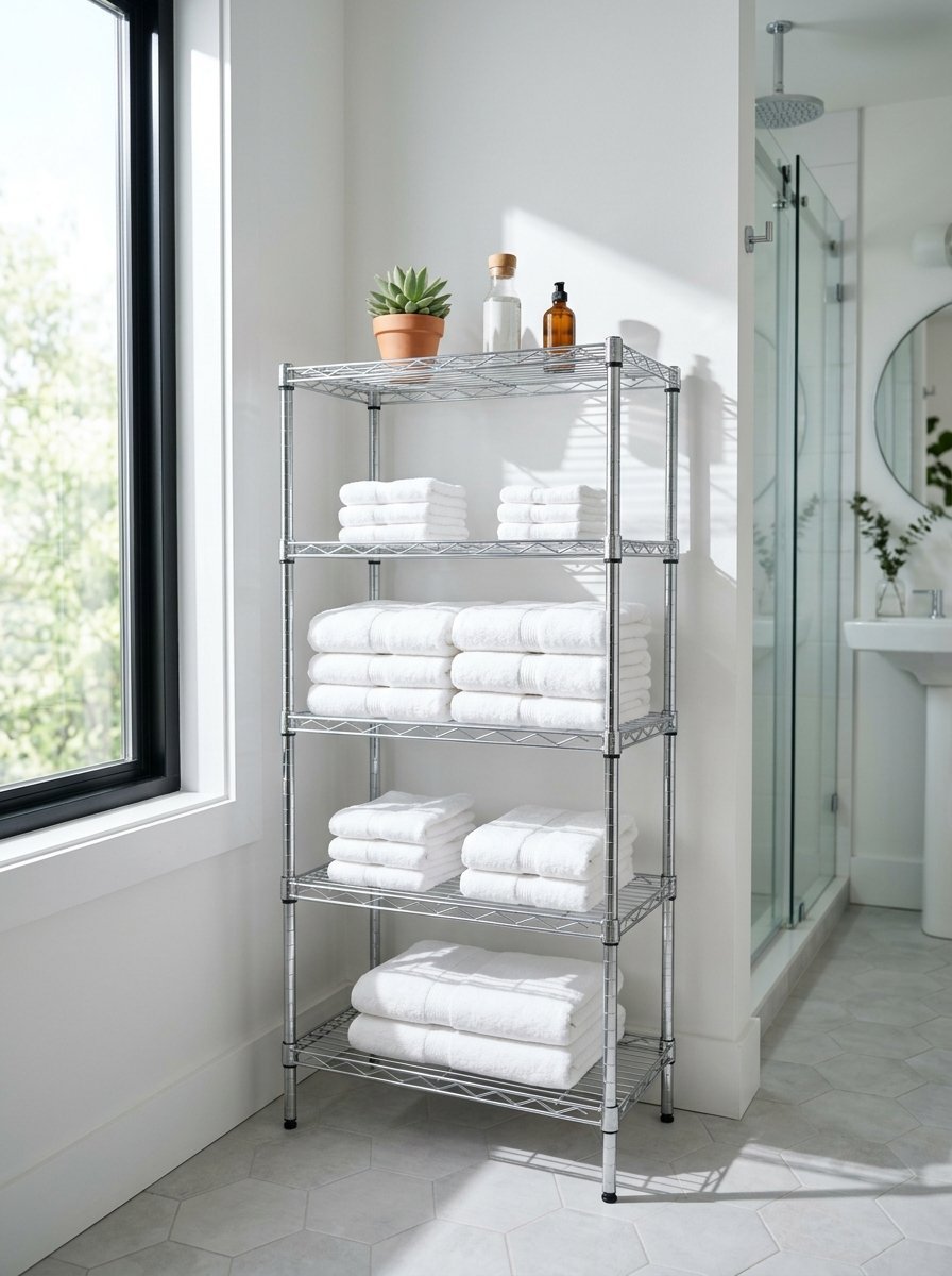 A tall metal wire rack in a bright bathroom filled with neatly folded white bath towels and small potted plants.