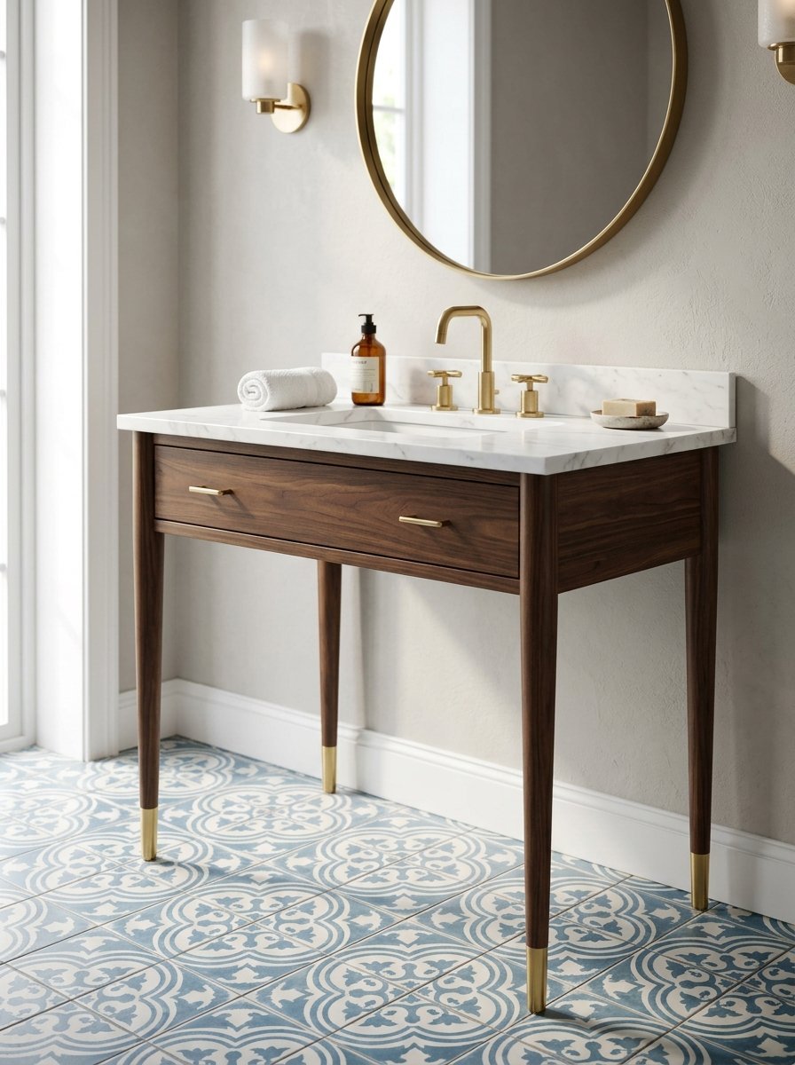 A wooden bathroom sink vanity with a marble countertop, round mirror, and patterned blue and white tile floor.