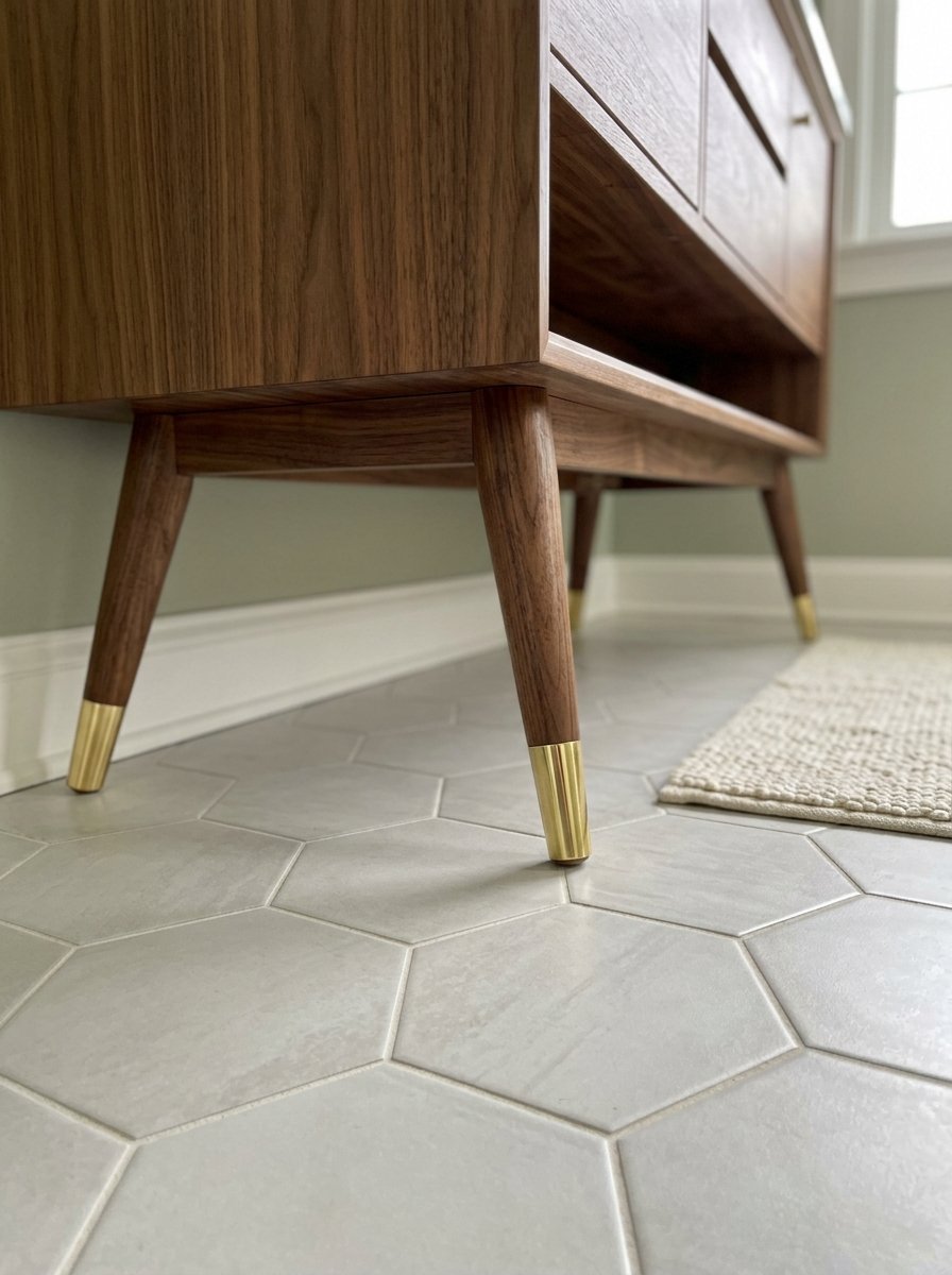 Close-up of wooden vanity cabinet legs with metallic gold feet resting on light grey hexagonal floor tiles.