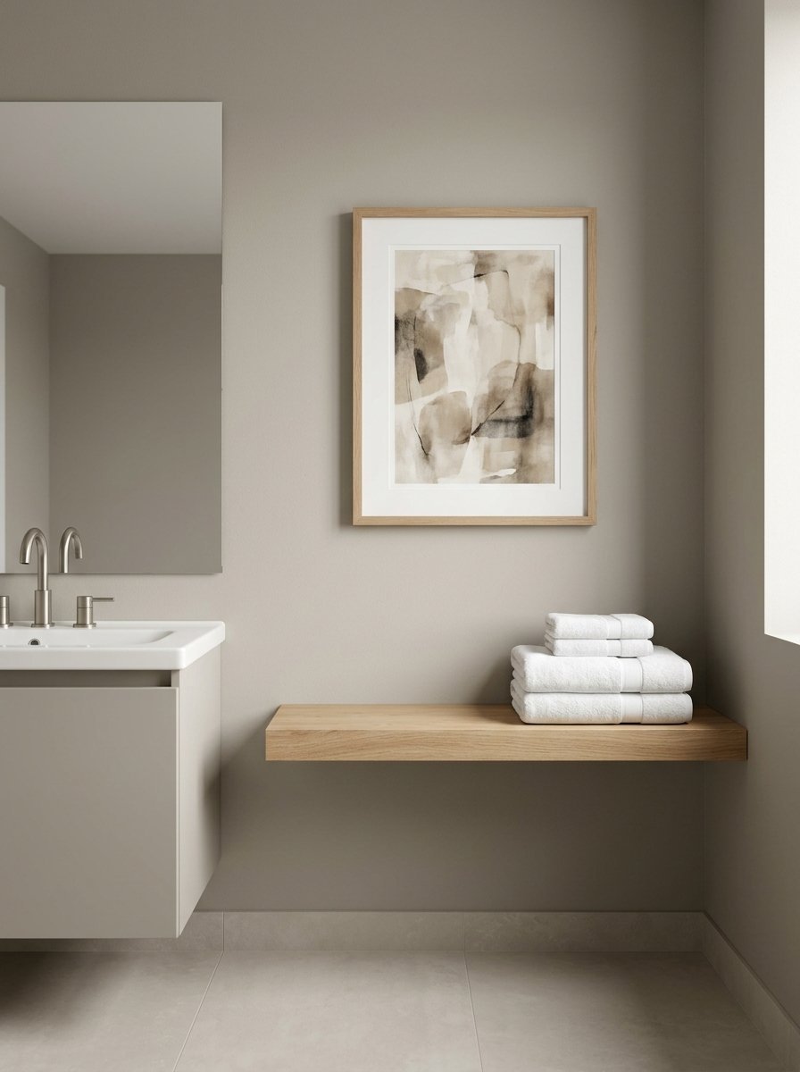 A light wood floating shelf holding folded white towels beside a modern bathroom vanity and framed wall art.