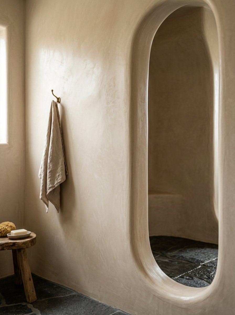 A beige plaster bathroom wall with an arched doorway leading to a slate stone floor shower.