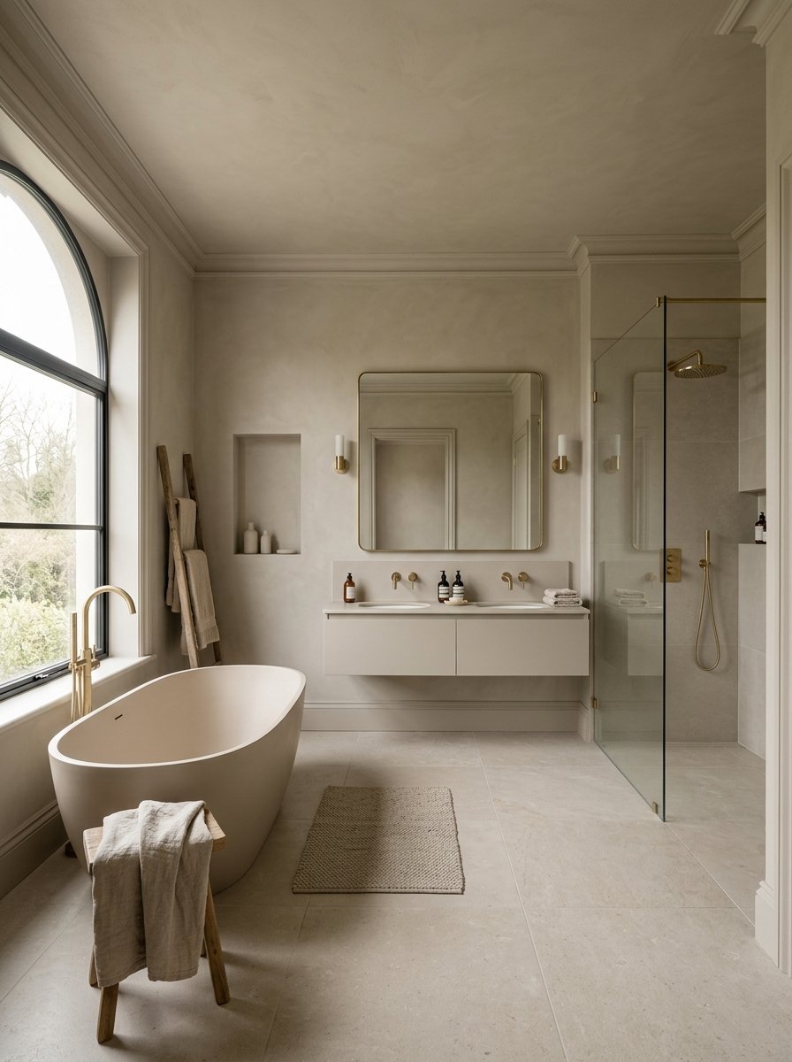 Modern bathroom featuring a beige soaking tub, floating double vanity, and a glass-enclosed shower with gold fixtures.