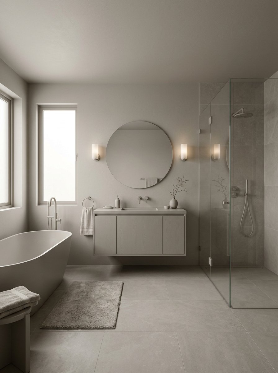 Contemporary bathroom featuring a round mirror, floating vanity, glass shower enclosure, and soaking tub.