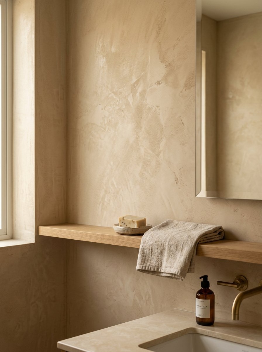 A cream-colored textured wall behind a wooden shelf holding a soap bar and a folded linen towel.