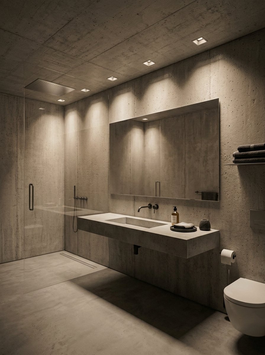 A luxurious industrial style bathroom with concrete surfaces, a walk-in glass shower, and a floating wall-mounted sink.