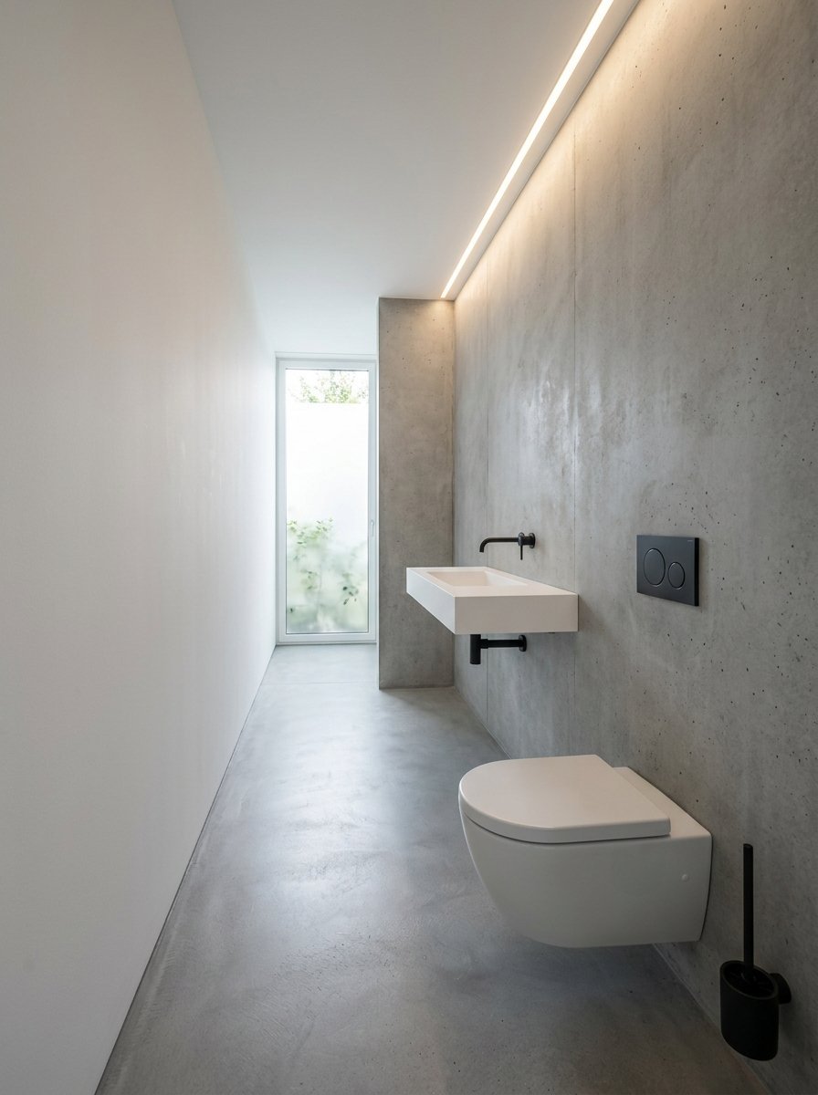 Floating white sink and toilet in a narrow, minimalist concrete bathroom with a vertical light strip.