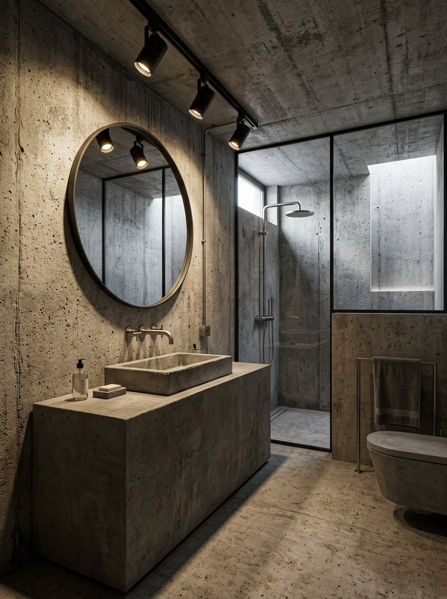 Modern bathroom with raw concrete walls, a stone vessel sink, and glass walk-in shower enclosure.