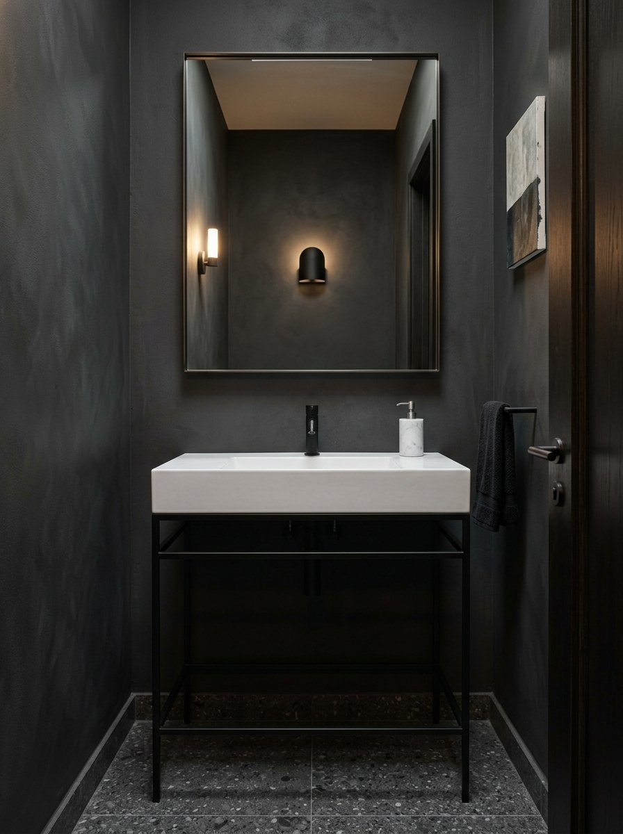 A small bathroom with black walls, a white sink, large mirror, and grey terrazzo flooring.
