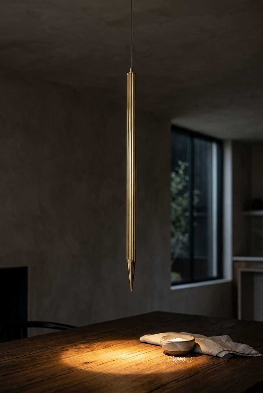 Vertical gold rod light fixture hanging over a rustic wooden table with a small ceramic bowl of salt.