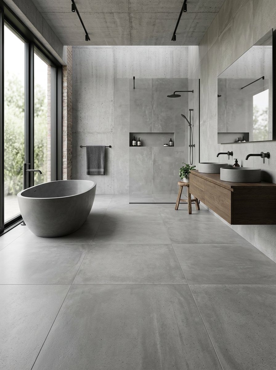 Modern bathroom with concrete walls, a standalone oval bathtub, glass shower, and a double vessel sink wood vanity.