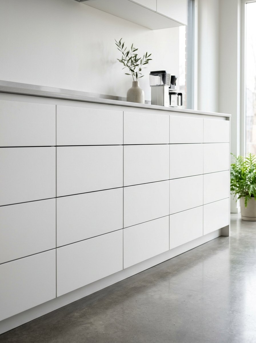 Close-up view of flat-panel white kitchen cabinets with smooth drawers on a polished concrete floor.