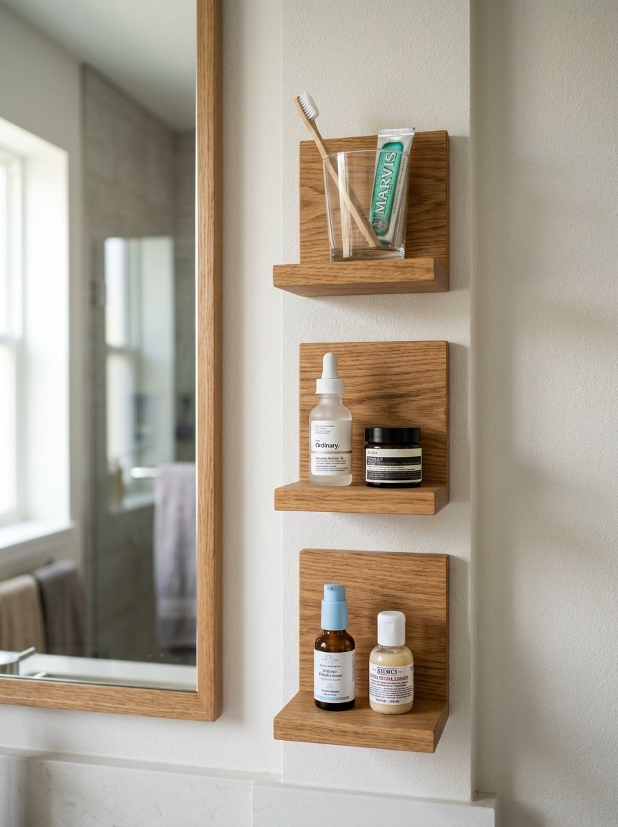 Close-up of three wall-mounted oak shelves holding a toothbrush, toothpaste, and various glass skincare bottles.