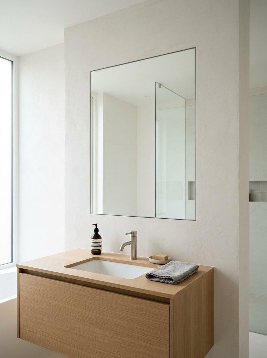 Modern bathroom interior featuring a light oak vanity, chrome faucet, and a large rectangle mirror.
