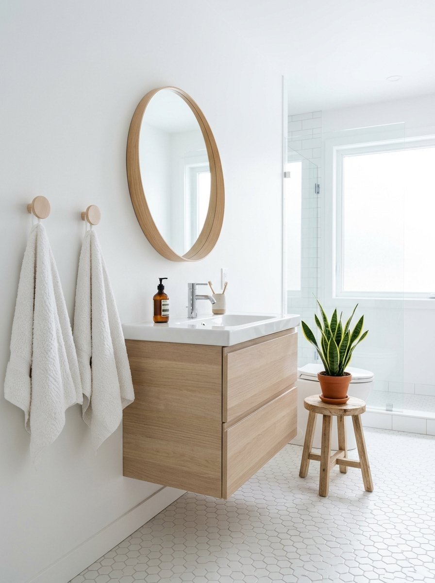 A modern bathroom featuring a floating wooden vanity, white hexagonal floor tiles, and a potted snake plant on a stool.