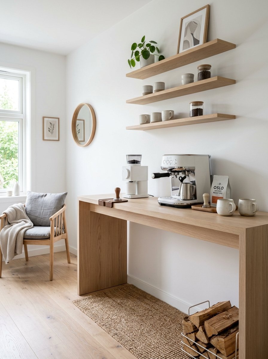 Espresso machine and grinder on a wooden console table with floating shelves in a bright, modern interior.
