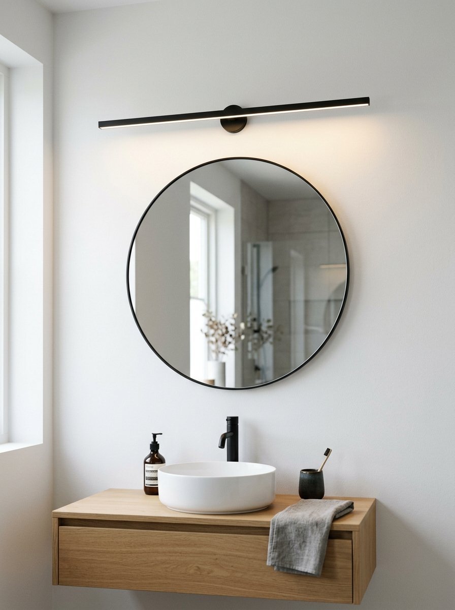 A white vessel sink on a wooden floating vanity with a round black-framed mirror and modern horizontal wall sconce.