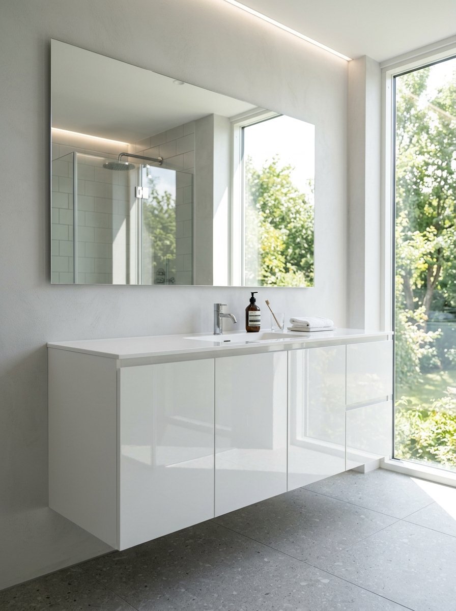 Modern white floating vanity with a large mirror next to a window view of lush green trees.