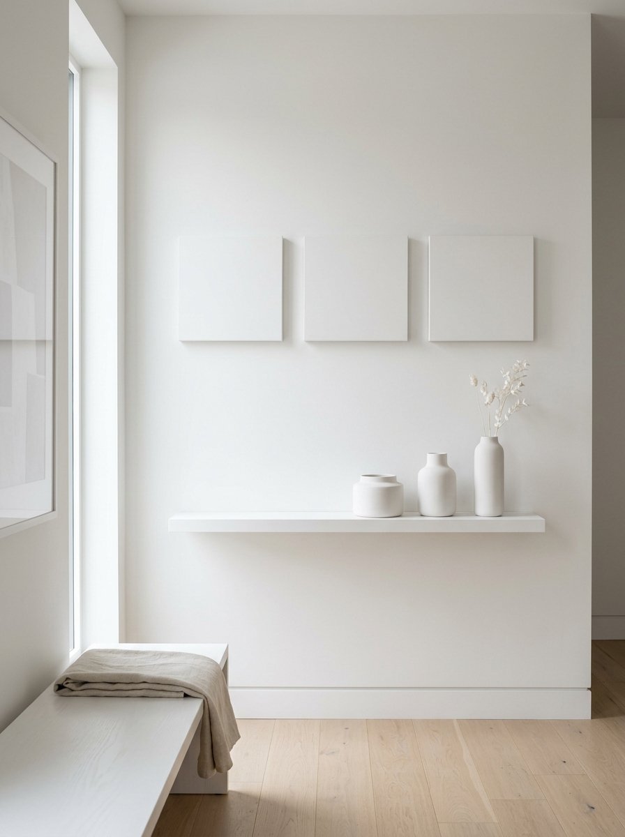 A white floating shelf with three ceramic vases and dried stems against a clean gallery wall.