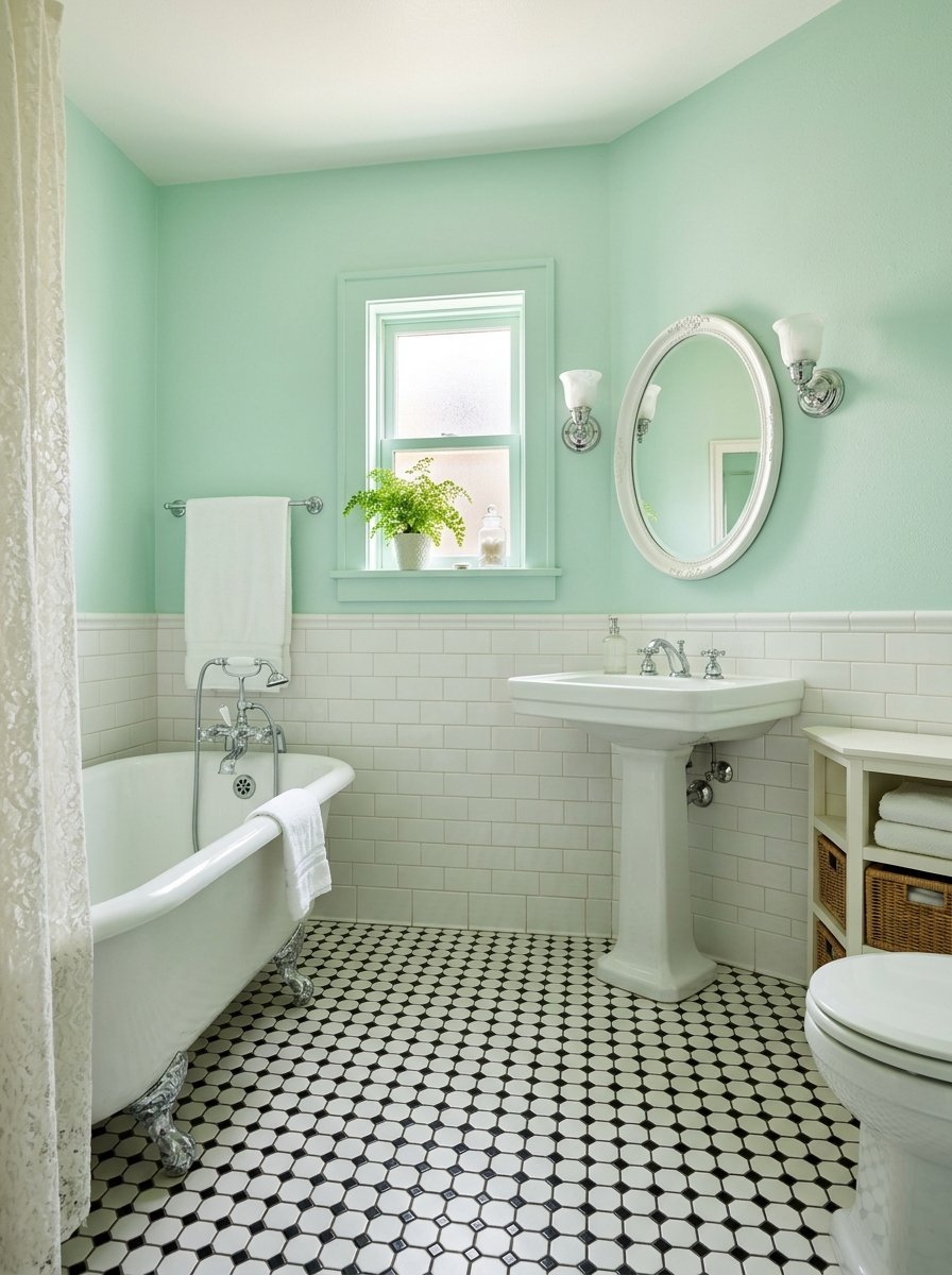 Vintage clawfoot tub and black and white penny tiled floor in a bathroom with pastel mint green walls.