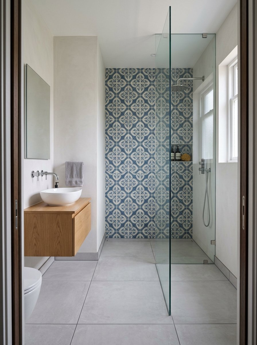A modern bathroom with a wooden floating vanity, white vessel sink, and a walk-in shower with patterned blue wall tiles.