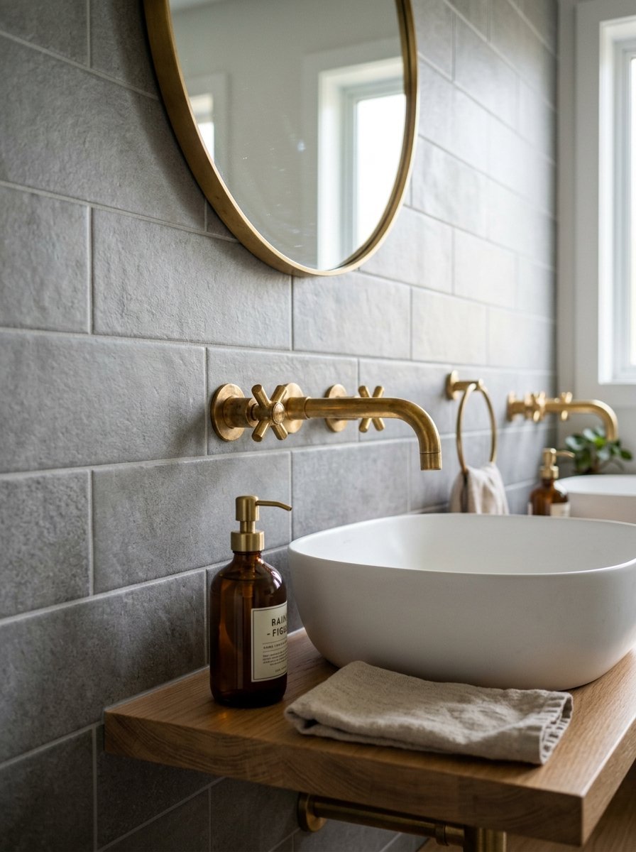 Close-up of a white rectangular sink on a wooden shelf against grey subway tile with gold fixtures.
