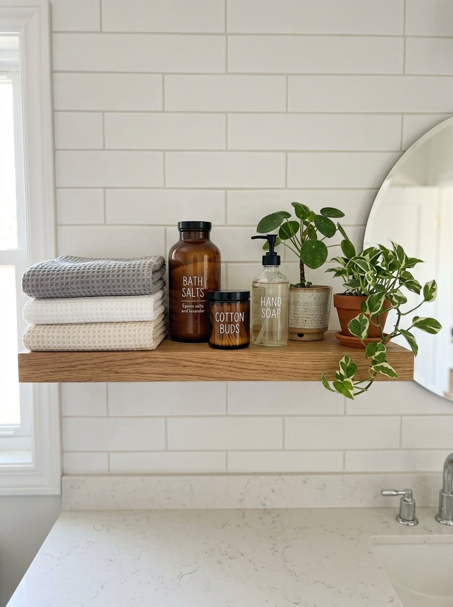 A wooden shelf holds waffle towels, amber apothecary bottles, and two small house plants in front of white tiled walls.
