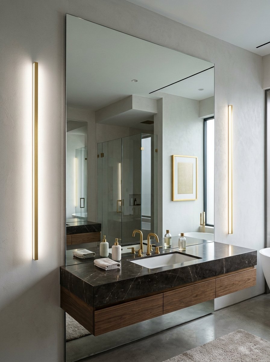 Floating walnut vanity with marble countertop and two vertical LED wall lights reflected in a large mirror.