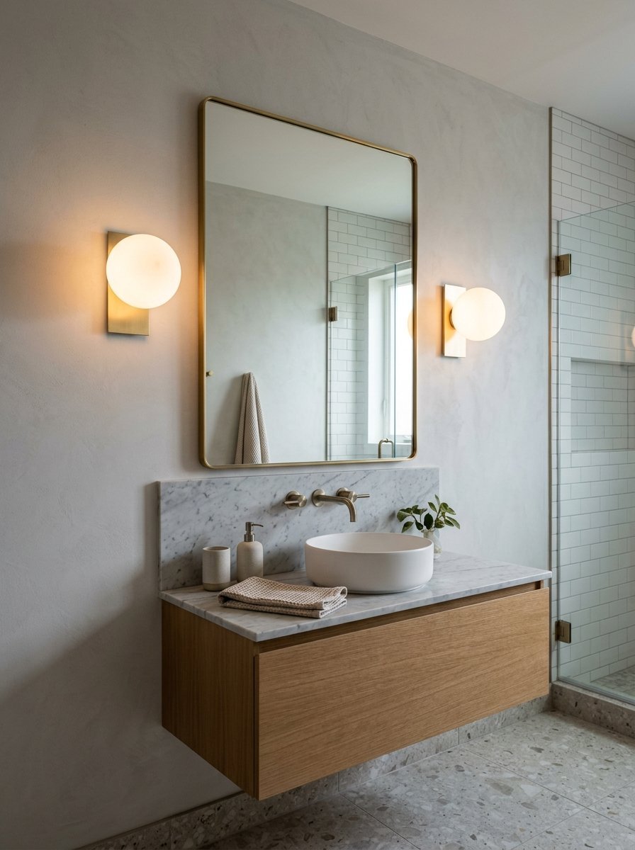 Modern bathroom featuring a wood floating vanity, marble top with vessel sink, and two glowing globe wall lights.