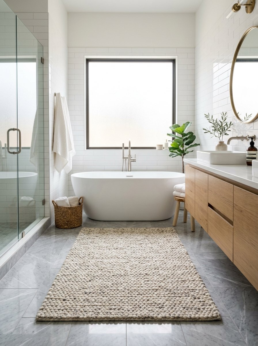 Bright modern bathroom with a white freestanding tub, marble tile floor, and a textured wool area rug.