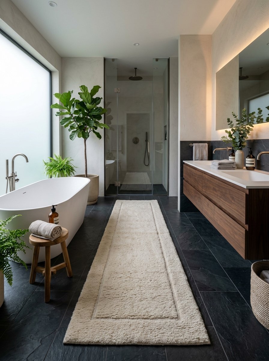 A luxurious bathroom with a white oval tub, wooden stool, and a long cream rug on black slate floors.