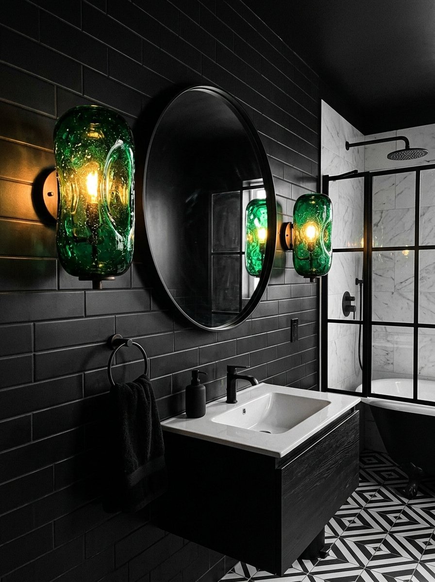 A stylish bathroom with dark walls, geometric floor tiles, and two illuminated green glass light fixtures.