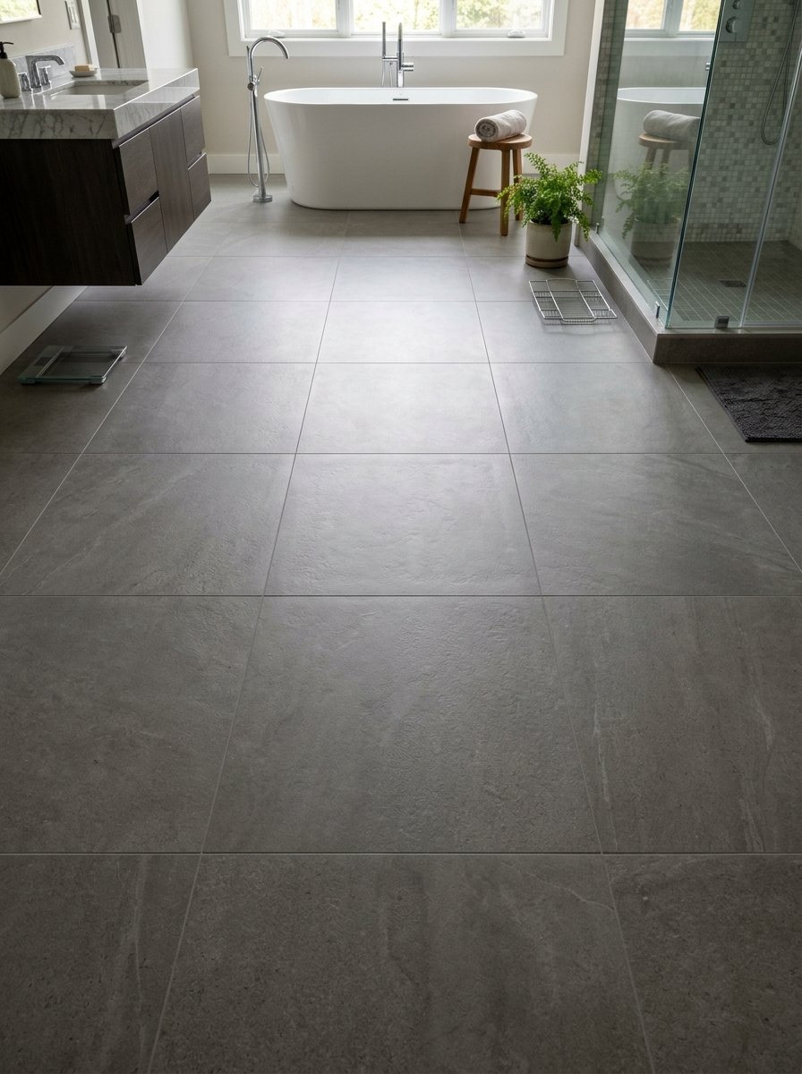 Spacious bathroom with wide grey square tiles leading toward a freestanding white bathtub and glass shower.