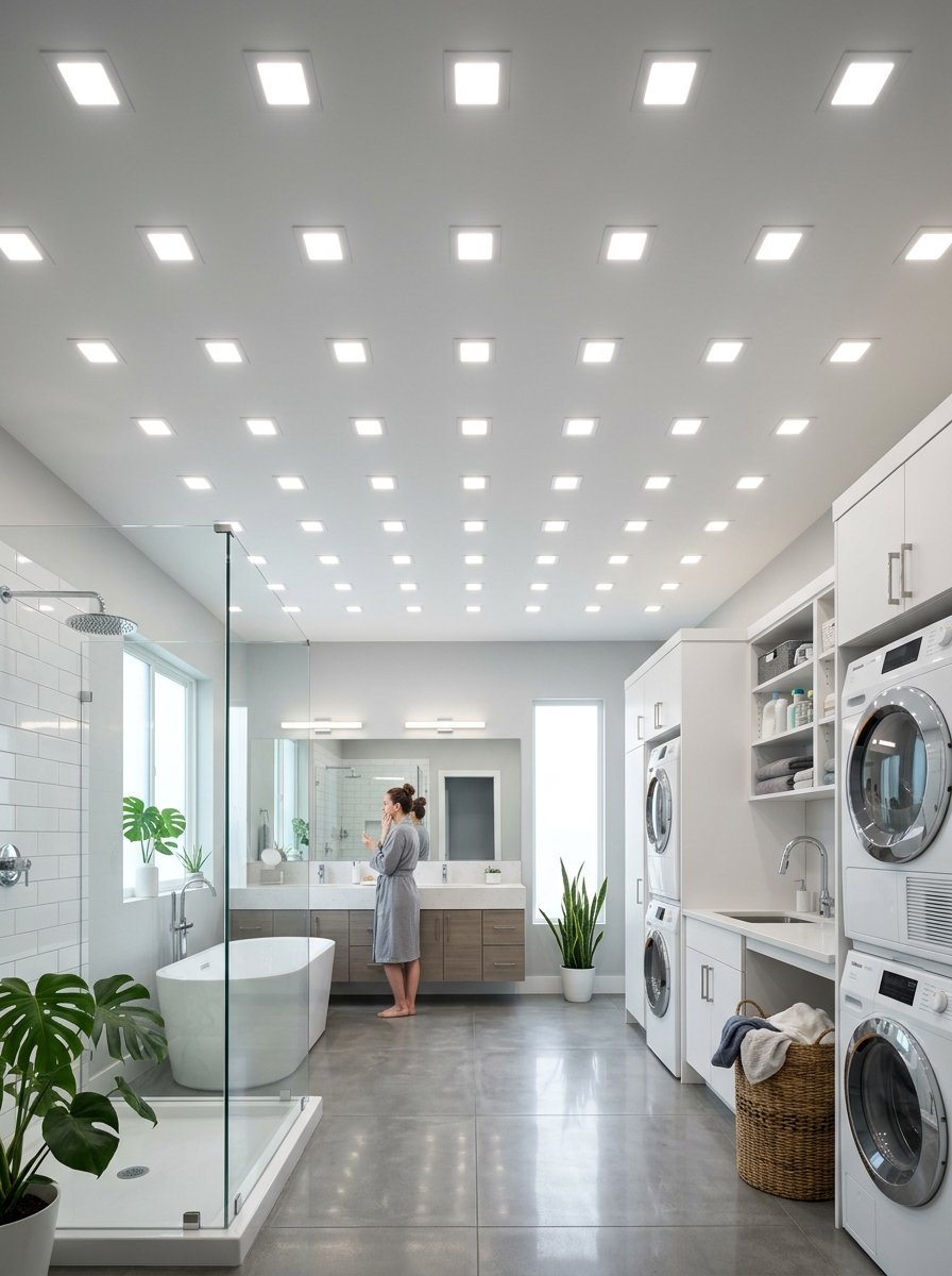 Woman in robe inside a spacious bathroom featuring multiple ceiling lights, a bathtub, shower, and laundry appliances.