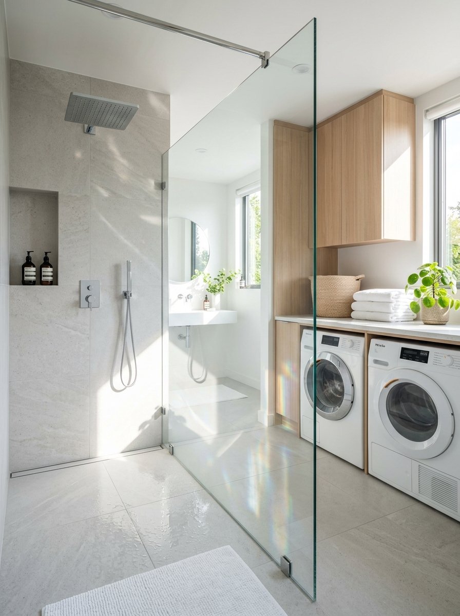 Bright bathroom with a glass shower panel, stone wall, and side-by-side washer and dryer under wooden cabinets.