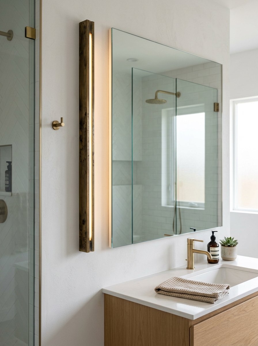 A modern bathroom vanity featuring a rectangular mirror, a tall vertical brass wall lamp, and a gold sink faucet.