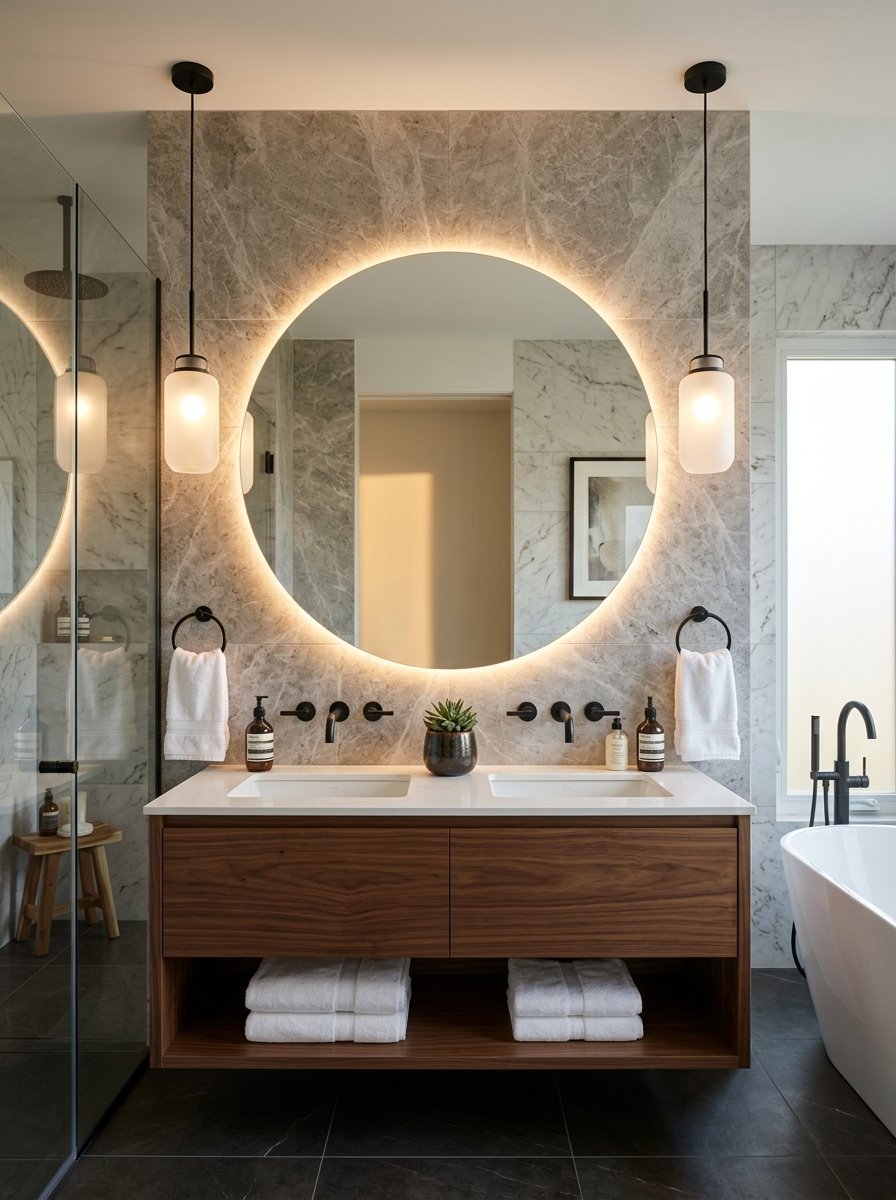 Luxury master bathroom featuring a floating walnut wood vanity, marble tiled wall, and glowing circular backlit mirror.